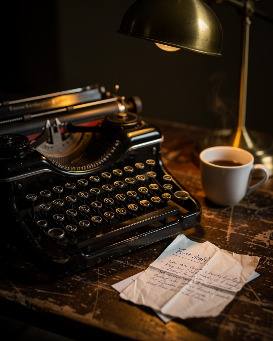 Antique typewriter on a wooden desk under warm dim light