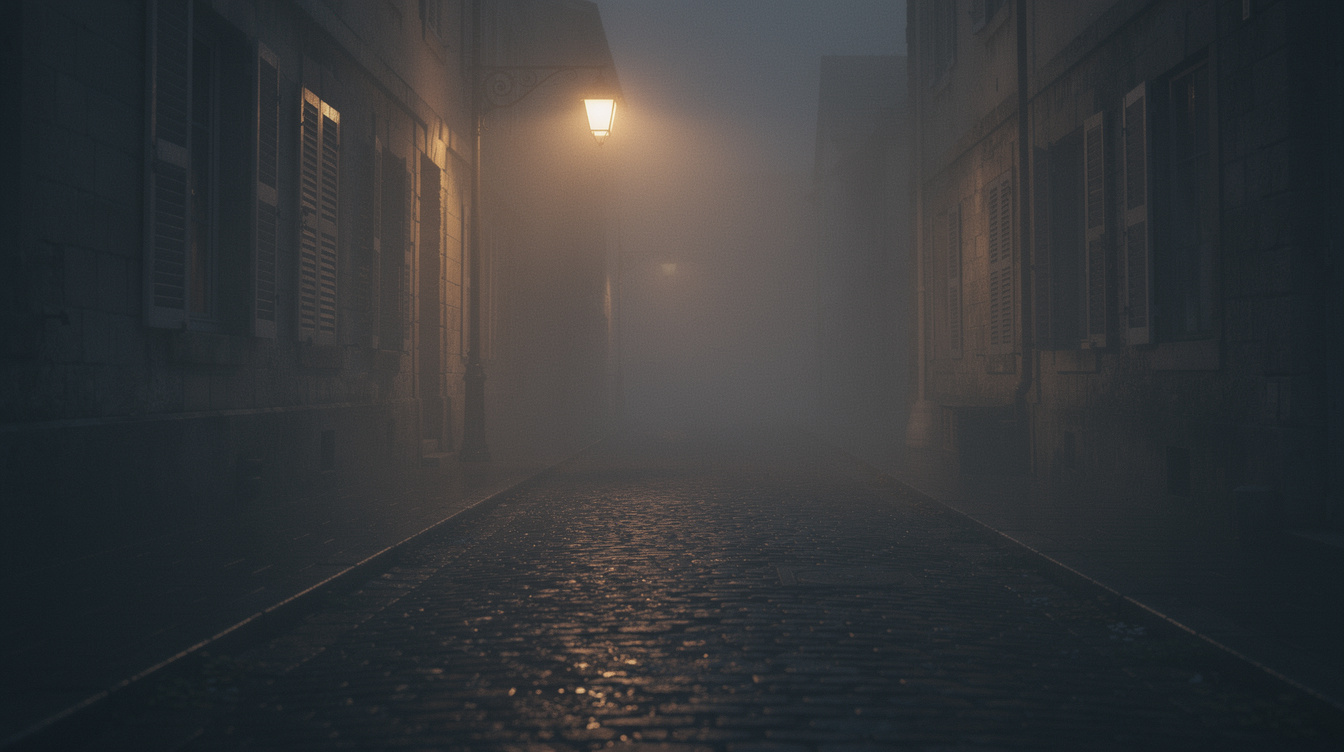 Foggy old town cobblestone street at night lit by a single lamp post