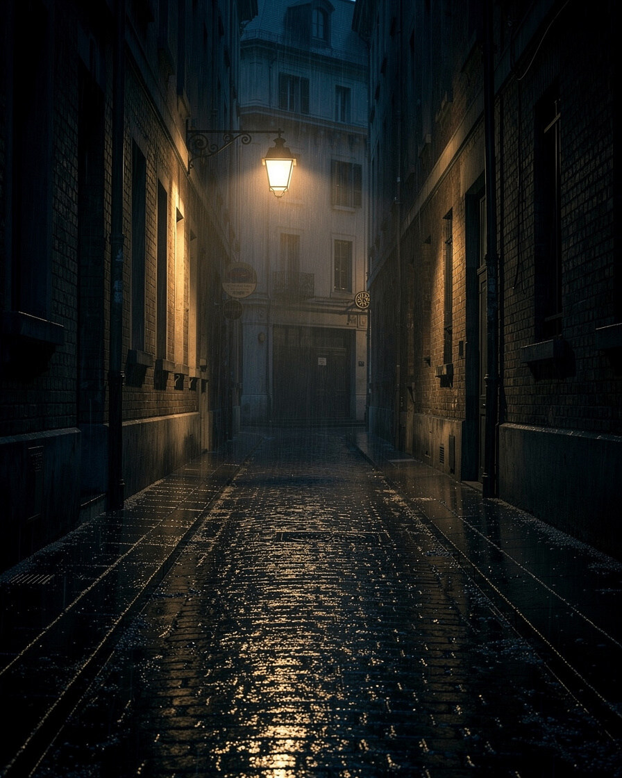 Rain soaked city alley with a glowing street lamp at night