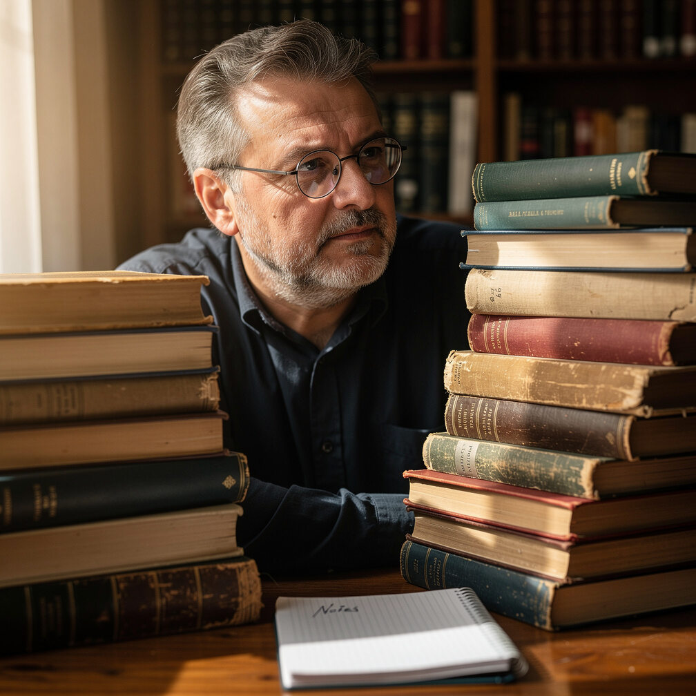 Croatian male writer sitting at a wooden desk surrounded by books