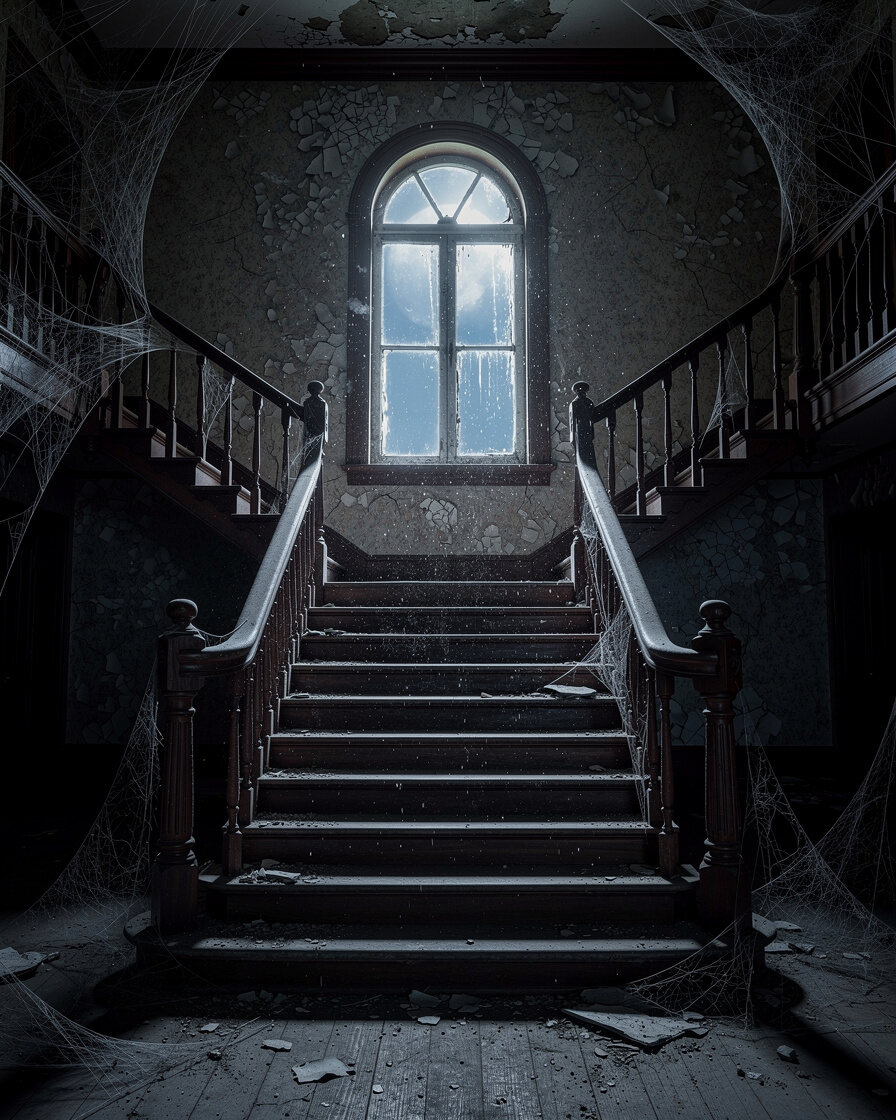 Abandoned mansion staircase lit by moonlight through a window